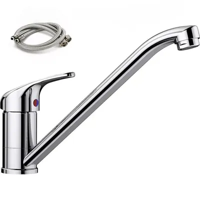 A chrome kitchen faucet and two flexible connection hoses against a white background.
