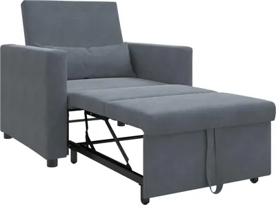 A dark gray sofa bed is shown partially unfolded against a white background.