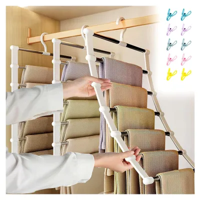 Produktbild von 3 Stück Hosen Kleiderbügel Platzsparend, 7 in 1 rutschfest Hosenbügel Kleiderschrank Organizer mit 10 Kleiderklammer, Edelstahl Faltbare Kleiderbügel für Hosen Schals Handtücher Krawatten Bettlaken