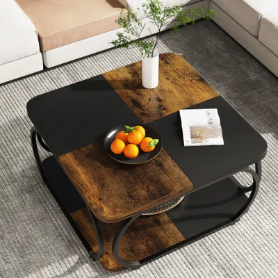 Produktbild von Tribesigns Quadratischer Couchtisch mit 2 Ebenen, 101 cm niedriger Bauernhaus-Couchtisch mit Holzregal für modernes Wohnzimmer, rustikales Braun