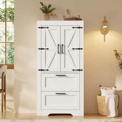 Produktbild von STILVORA Küchenschrank im Landhausstil mit 2 Schubladen,Seitenschrank mit verstellbaren Einlegeböden,Aufbewahrungsschrank im Scheunentür-Design, Weiß