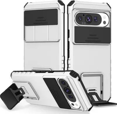 Produktbild von Dual Layer Hülle für Google Pixel 9 / Pixel 9 Pro Stossfest Robust Ständer Schutzhülle mit Schiebe Kamera Schutz Weiß