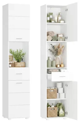 Produktbild von Badezimmerschrank Hochschrank schmal 180 cm weiß MDF Soft-Close