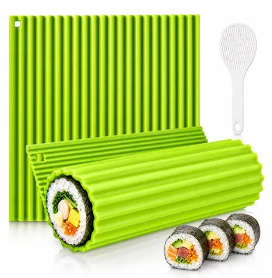 Image de Kit de préparation de sushis - 3 pièces, comprenant 2 tapis de sushi et 1 cuillère à riz - Pour la préparation de rouleaux de sushi