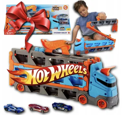 Produktbild von Hot Wheels Transporter Rennbahn 2in1 Mega-Launcher 3 Autos