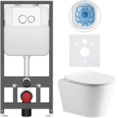 Imagen del producto de CERANO - Juego de inodoro Norbi - blanco brillante - botón Prime/Duoalo, blanco - de pared - instalación previa/para pared de yeso - 48,5 x 36,5 cm