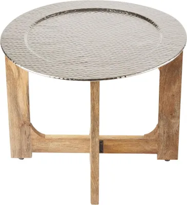 Produktbild von Wohnzimmertisch Couchtisch rund modern aus Metall und Holz ø 60cm | Marokkanischer runder Vintage Tisch Klapptisch klappbar | Moderner Design Runder Sofatisch mit Tablett in Silber Hochglanz