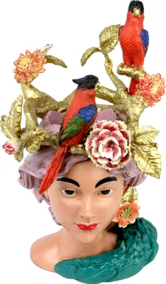 Produktbild von FURNARO Pflanzkopf Lady Paradise - Dekorativer Blumentopf in Frauenkopf-Optik mit exotischen Vögeln und floralen Elementen, ca. 32 cm hoch