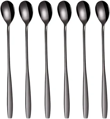 Produktbild von Latte Macchiato Löffel Set, 6-teilig, 19 cm - Lange Löffel für Cocktails & Desserts, Edelstahl poliert, spülmaschinengeeignet (Schwarz)