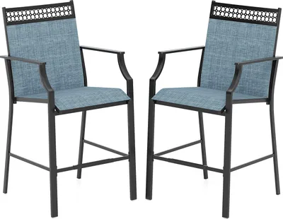 Produktbild von GOPLUS Gartenstuhl 2er Set, Barhocker Barstuhl mit hohe Rückenlehne, Armlehnen & Fußstütze, Balkonstuhl aus Metall bis 180kg belastbar, Blau
