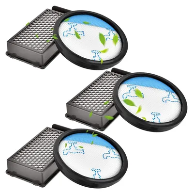 Three vacuum cleaner filters are arranged in a diagonal pattern against a white background.