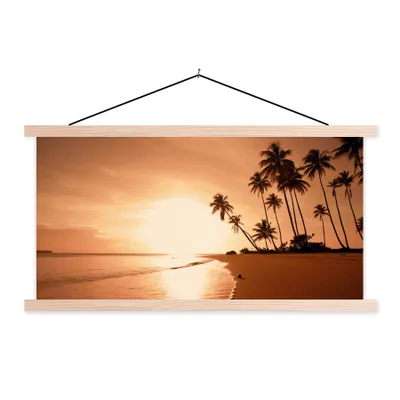 Produktbild von MuchoWow® Textilposter Sonnenuntergang - Tropisch - Palme - Strand - Meer 120x60 cm mit holzfarbenen Rahmen - Klemmleiste
