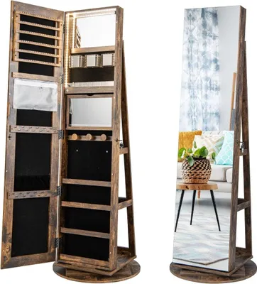Image de Armoire à bijoux rotative à 360° avec lumières LED tricolores, armoire à miroir sur pied, marron
