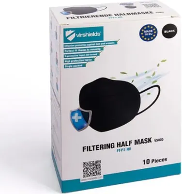 Produktbild von FFP2 Atemschutzmaske VIRSHIELDS, 5-lagig, antiviral, schwarz – 10 Stück (MARKO)