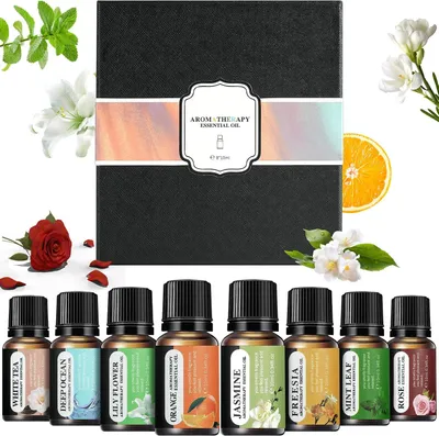 Image de Coffret d'huiles essentielles - 8 flacons de 10 ml, idéal pour offrir - Huiles essentielles solubles dans l'eau, pour diffuseur, massage et aromathérapie (jasmin, thé blanc, rose)