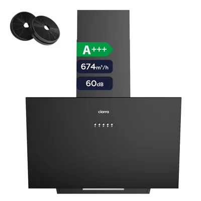 Obrázek produktu pro CIARRA, odsávací digestoř, výška 60 cm, výkon 674 m³/h, energetická třída A+++, provoz v režimu recirkulace i odvodu vzduchu, šikmá digestoř, barva černá, model VMB6762A