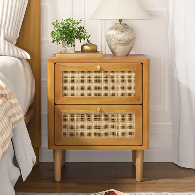 Image de Table de chevet en rotin avec 2 tiroirs, table d'appoint en bois avec pieds en bois massif. Table de chevet de style bohème, petite commode pour chambre, salon ou chambre d'enfant