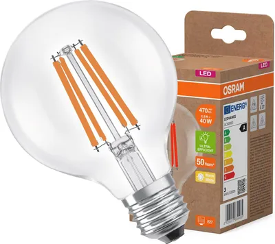 Obrázok produktu pre LED žiarovka OSRAM v klasickom tvare gule, s dekoratívnym LED vláknom, energetická trieda A, E27, 5 W, 1055 lm, 2700 K, teplá biela. Žiadne zahrievanie, 100 % svetlo okamžite. Nízke blikanie.