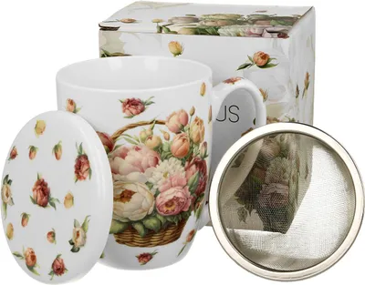 Obrázek produktu pro DUO | Hrnek na kávu - Hrnek na čaj se sítkem - 350 ml - Květinový - Barevný - Porcelán - Pohovka - Dárková krabička