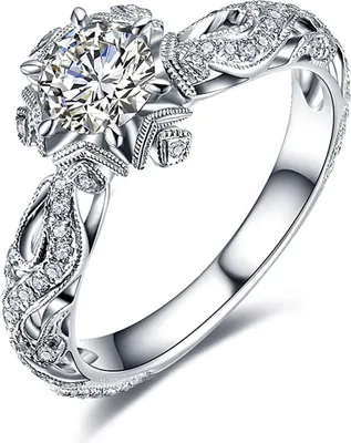 Produktbild von Damen-Ring mit eingelegten Blumen, Zirkonia, Hochzeit, Verlobung, Schmuck, Geburtstagsgeschenk-Weißes Gold,US 10