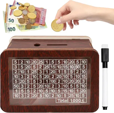 Produktbild von Spardose Sparbox aus Holz mit Zähler und Zahlen zum Ankreuzen mit Sparziel 1000€