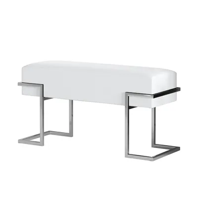 A white bench with a chrome metal frame against a white background.