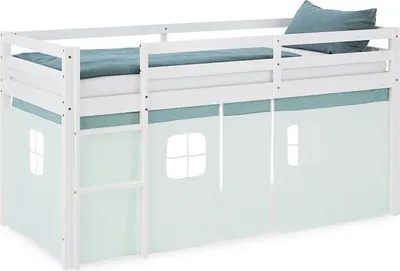 Image de Lit superposé 90x200 cm Lit mezzanine en Bois Pin Massif Lit d'enfant Cadre de Lit Rideau Vert