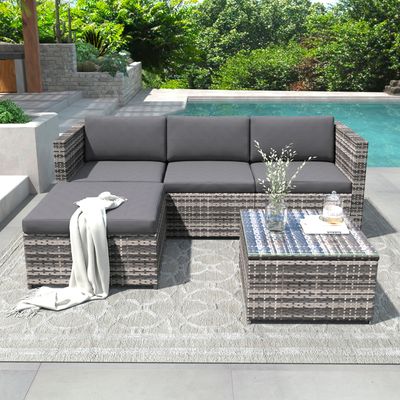 Flieks Rattan Gartenmöbel Sets 4 Sitzer, Polyrattan Balkonmöbel Sets 2-tlg, Gartenlounge Sets Terassenmöbel mit Ecksofa, Tisch und Kissen, Grau