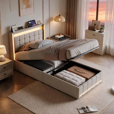 Obrázek produktu pro Postel INONEFT, 90x200 cm, s úložným prostorem, dětská postel s LED osvětlením a USB/Typ C porty, hydraulická postel s úložným prostorem, jednolůžko s roštem, lněná barva, béžová