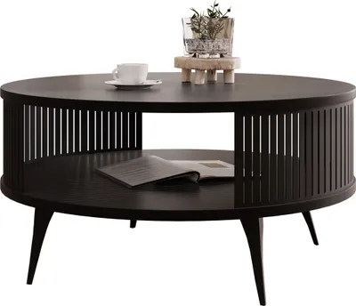 A black round coffee table with a slatted side design and a lower shelf.