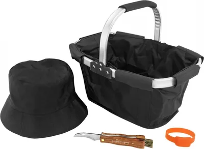A collection of items for mushroom picking, including a basket, hat, knife, and wristband.