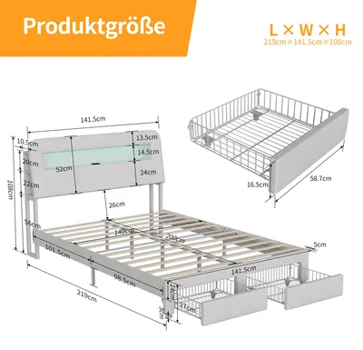 Obrázok produktu pre Postel s čalúneným rámom - 140 x 200 cm - 2 zásuvky - LED osvetlenie - Čalúnená opierka s úložným priestorom - Zamat - Krémová farba