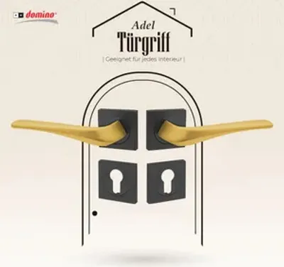 Produktbild von DOMINO Türgriff Drückergarnitur PZ - Profilzylinder Set | quadratische Rosette | Türklinke für Zimmertür, Bürotür, Kellertür & Innentür| Türbeschläge aus Aluminium| Schwarz/Gold Türdrückergarnitur | ADEL-QR BLACK/ K-GOLD MATT