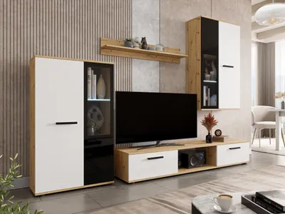 Produktbild von MIRJAN24 Wohnwand Salsa, Mediawand, Wohnzimmer-Set, Anbauwand, Vitrinen mit Glasböden (Farbe: Artisan Eiche / Weiß, mit LED Beleuchtung)