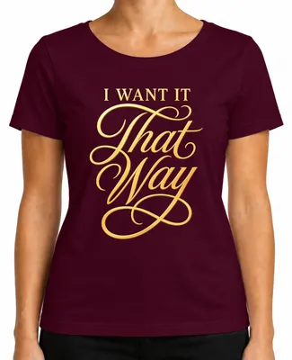 Zdjęcie produktu dla T-shirt damski, kolor burgundowy, rozmiar L, z nadrukiem "I Want It That Way" w złotym kolorze, nawiązujący do muzyki pop lat 90. i boysbandów