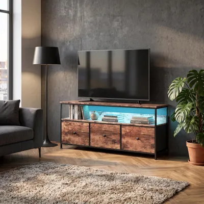 Obrázok produktu pre Komoda INONEFT s LED osvetlením a zásuvkami z látky, komoda s kovovým rámom, komoda do obývačky, 137x29,8x57 cm