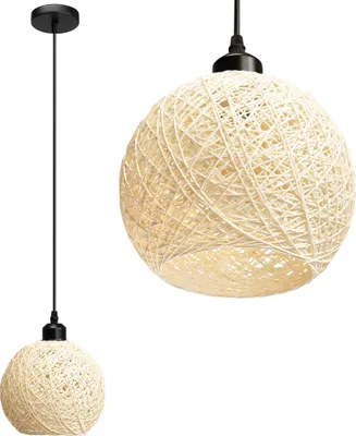 A close-up and a full view of a beige pendant light.