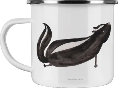 Produktbild von Mr. & Mrs. Panda Haferl Stinktier Yoga - Weiß - Geschenk, Wildtier, becher emaille, Teetasse, Tasse, Teebecher, Namaste, Raubtier, Liebe, Pott