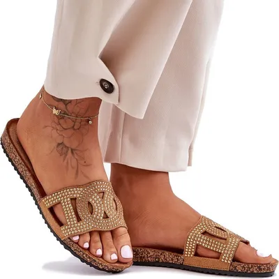 Produktbild von Damen Slipper mit Strasssteinen Kork Schuhsohle Licht Badelatschen Rima Braun Gr.37