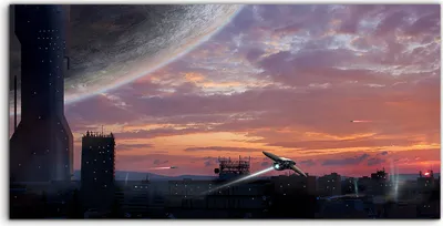 Produktbild von Coloray Acrylbild 140x70 Wandbild Acrylbilder Stadt mit Planet und Raumschiffen