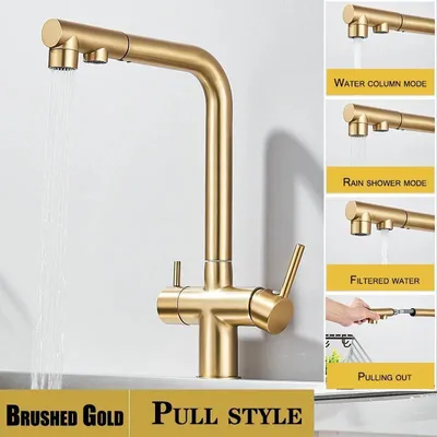 Immagine prodotto di Miscelatore da cucina – Miscelatore estraibile per lavello con filtro per acqua potabile – Doppio beccuccio – Acqua calda e fredda – Rotazione a 360° – Installazione monoblocco – Finitura oro spazzolato