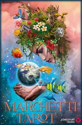 A mystical depiction of Earth held in hands, surrounded by fish and cosmic elements, with a woman's face adorned with nature.