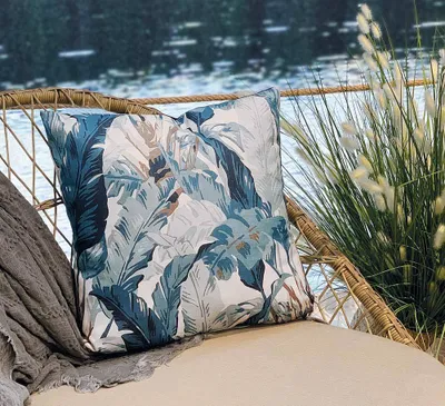 Produktbild von Outdoor Kissen Palmblatt Gartenkissen Palme Wasserabweisend Blau Weiß 45x45cm