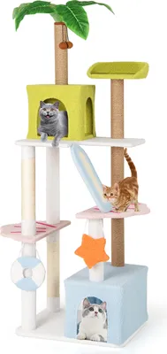 A multi-level cat tree with various platforms, scratching posts, and enclosed spaces, featuring three cats interacting with the structure.