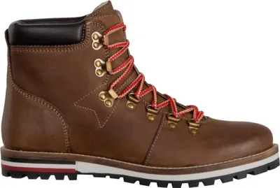 A single brown winter boot with red laces is shown against a white background.