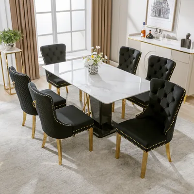 Immagine prodotto di Sedia da pranzo Okwish, set da 6 pezzi, con maniglie circolari uniche sul retro, in velluto, nero/oro (6 pezzi)