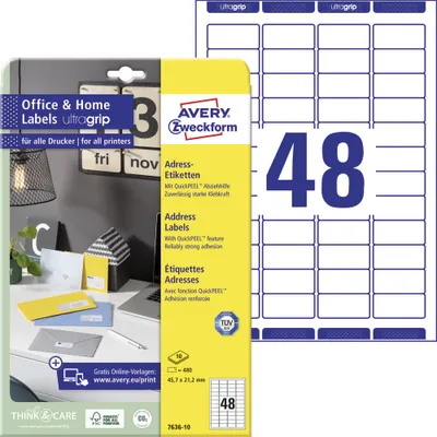 Produktbild von Avery Zweckform 7636-10 Adress-Etiketten, Home Office, Kleinpackung, A4 mit ultragrip, 45,7 x 21,2 mm, 10 Bogen/480 Etiketten, weiß