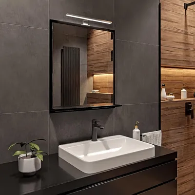 Produktbild von HAJDUK FURNITURE Badspiegel mit Beleuchtung 4000 K IP44 Schwarz H:70 x B:60 cm - Bathroom Mirror - Badezimmer Spiegel Rechteckig mit Ablage und LED