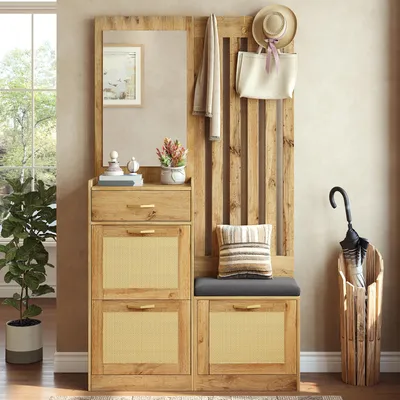 Produktbild von Kompaktgarderobe mit Spiegel und Sitzbank,Flurgarderobe mit Schuhschrank und Haken, Kleiderhaken,Flurmöbel Set,Flurgarderobe.