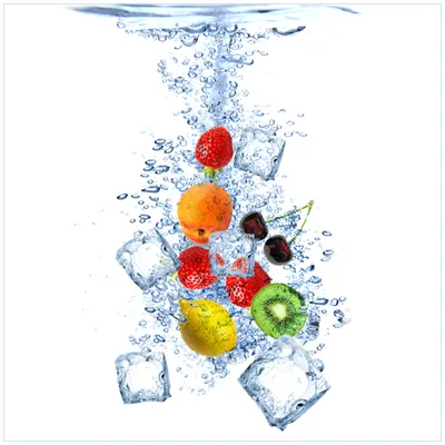 Produktbild von Wallario Möbeldesign -  Glasplatte, Schutzplatte mit Motiv - geeignet für Ikea Lack Tisch, Größe: 55 x 55 cm, Motiv: Obst-Eiswürfel-Mix im Wasser mit weißem Hintergrund